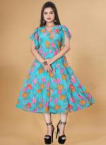 Georgette Sky Blue Casual Wear Printed Readymade Gown